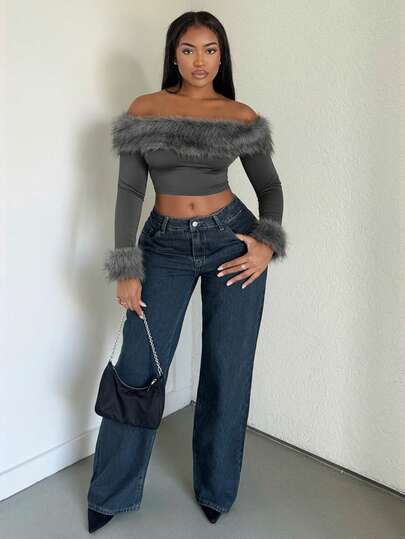 Alexandranx Camiseta feminina de manga comprida, cropped, justa, de cor sólida, com ombros de fora e acabamento fofo