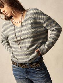 Bohemela BOHO Casual Knit Striped V-Neck Hollow Out Twist Tie Tee Shirt For Women, Suitable For Winter, Christmas, New Year, Valentine's Day, Music Festival