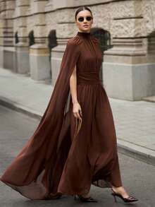 Ontre 2026春夏新款女士超长连衣裙，春夏新款复古别致优雅都市通勤日常百搭浪漫休闲90年代风格，适合情人节、派对、婚礼、约会、毕业典礼、假期、海滩、演出、早午餐、机场等多种场合。 - 咖啡棕 - 查看 1