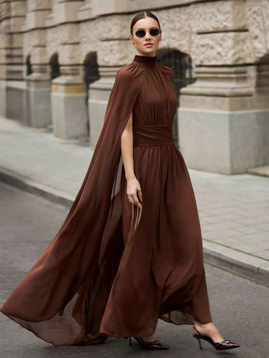 Ontre 2026春夏新款女士超长连衣裙，春夏新款复古别致优雅都市通勤日常百搭浪漫休闲90年代风格，适合情人节、派对、婚礼、约会、毕业典礼、假期、海滩、演出、早午餐、机场等多种场合。 - 咖啡棕 - 查看 1