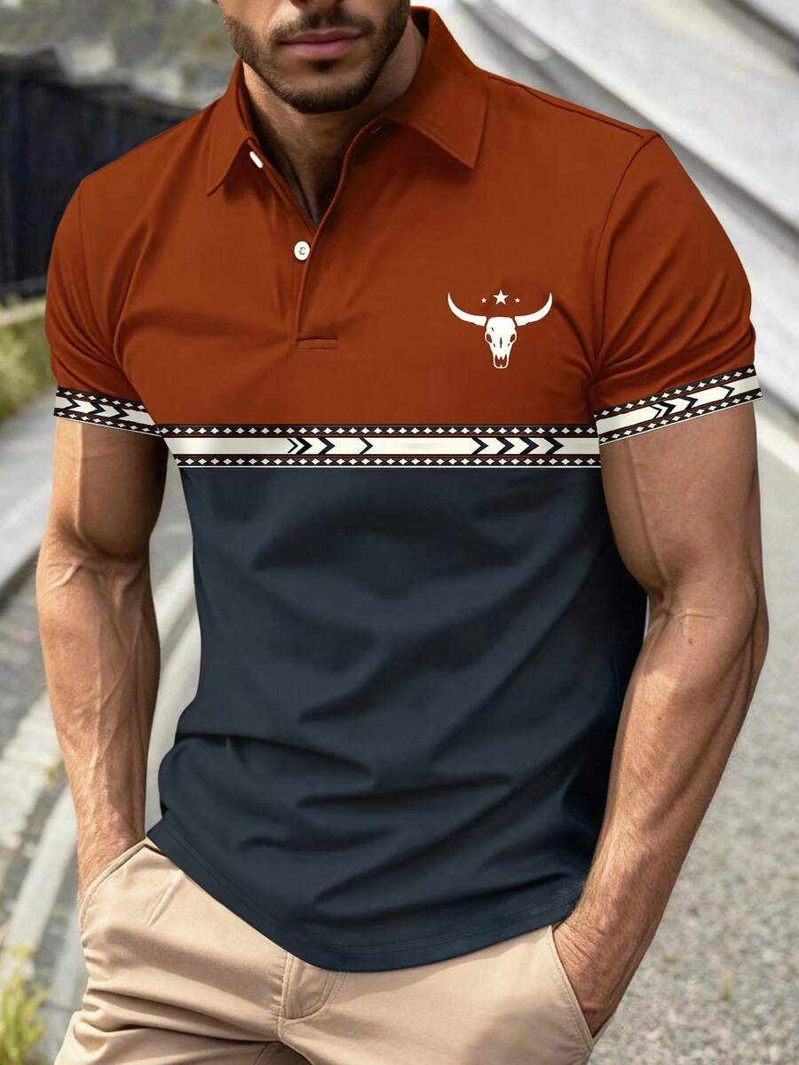 Manfinity Dauomo Cămașă casual de toamnă, imprimeu cu cap de taur - Design cu nasturi în față - Ținută formală și casual pentru birou - Bluză lavabilă la mașină de toamnă/iarnă, tricou polo versatil pentru bărbați, potrivit pentru întâlniri și purtare zilnică, sporește eleganța - Multicolor - Vizualizare 1