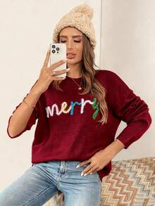 EMERY ROSE Letter Appliques Crew Neck Long Sleeve Sweater For New Year Clothes - Burgundy - View 5
