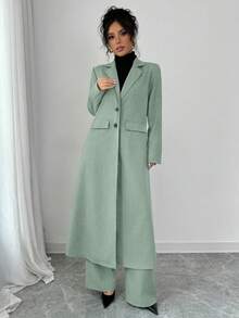 Elenzga Dark Grey Lapel Shoulder Long Suit Pants For Women - Green - View 5