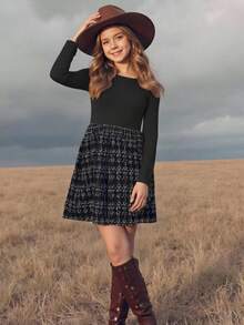 SHEIN Tween Girls Black Elegant Dress With Plaid Skirt For Winter Tween Girl Corduroy Puff Sleeve Button Ruffle Hem Dress & Retro Beret Set, Casual Outfit For Home, Outdoor, School Wear, Autumn/Winter - Brown - View 8