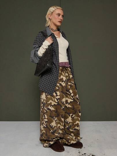 COUREZ 迷彩树印花宽松灯笼裤 Y2K 复古 100% 棉质森林风超大宽松秋冬 Gorpcore 女式下装水洗迷彩