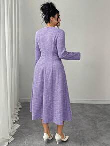 Elenzga Đầm tay dài đính nút ngọc trai cỡ lớn cho nữ, thanh lịch cho tiệc tùng, trà chiều, tiệc năm mới - Màu tím hoa cà - Xem 2