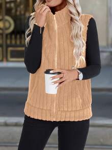 SHEIN Clasi 纯色羊毛口袋前拉链无袖背心，秋冬款 - 摩卡棕 - 查看 3