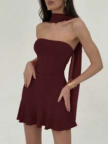 Aloruh 女士纯色缎带设计时尚吊带迷你连衣裙 - 紫紅色 - 查看 3