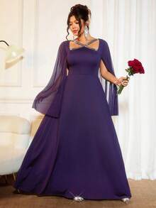 Cravure 大码女式奢华紫色网纱长袖闪亮银色缎带交叉修身连衣裙 - 紫色 - 查看 6