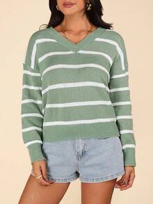 Coeurva Black White V Neck Striped Pattern Drop Shoulder Sweater,Knitted Sweater In Fall/Winter - Green - View 5