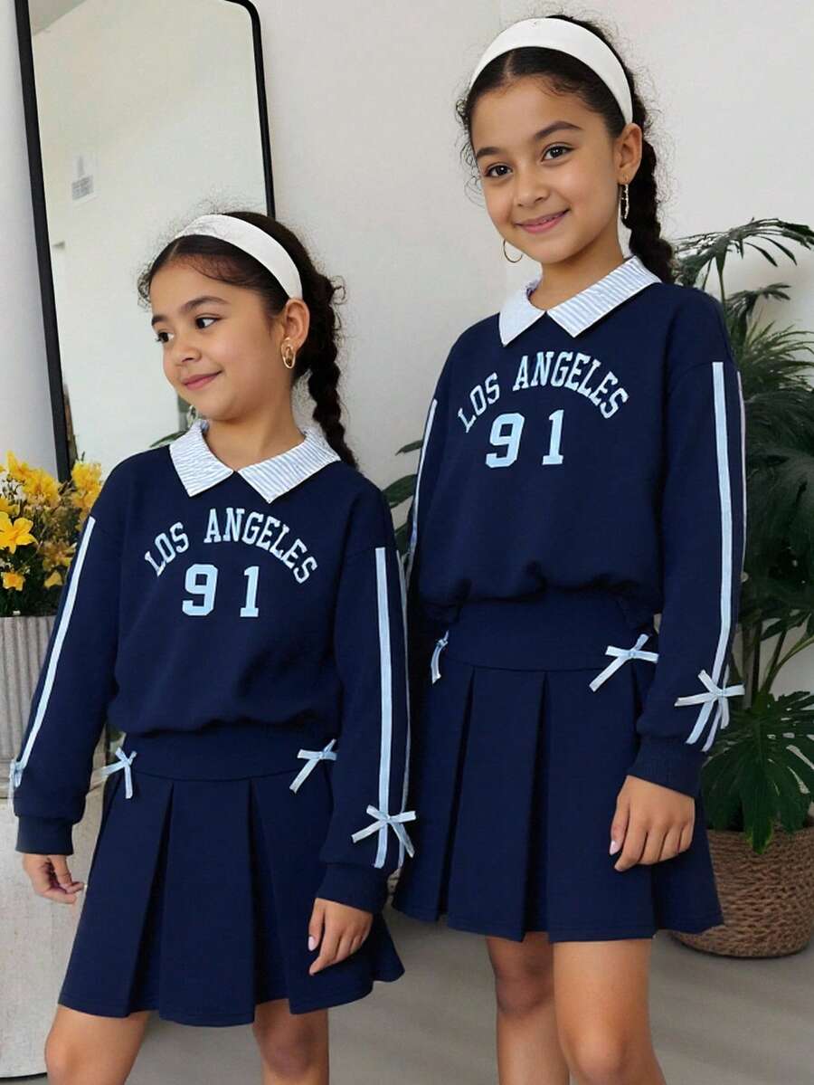 2pcs/Set Pakaian Sekolah Gaya Remaja Perempuan Warna Biru Tua Musim Gugur Kasual untuk Kembali ke Sekolah, Kemeja Kerah 2 in 1 Sweatshirt, Rok Lipit, Dekorasi Pita, Rajutan - Burgundy - View 1