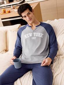 CoupledUp Coupled Up Contrast Raglan Sleeve Letter Print Long Sleeve & Pants Men's Pajama Set - Blue - View 7