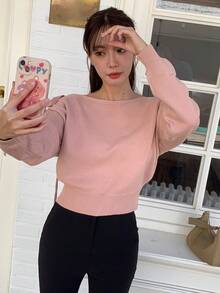 DAZY Women's Sexy Asymmetrical Shoulder Long Sleeve Casual Sweater - Pink - View 5