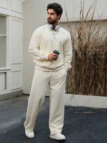 DAZY 男士纯色加厚运动套装，秋季款 - 米色 - 查看 3
