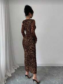 Selianne Elegant Fitted Metal Decor Hollow Out Shoulder Dress, Sexy Leopard Print For Women - Brown - View 2