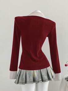 Sweetra 新款秋冬撞色纽扣修身百搭OL衬衫 - 酒紅色 - 查看 2