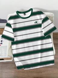 Manfinity Joysei Men's Pentagram & Striped Print Round Neck Short Sleeve Casual Versatile T-Shirt