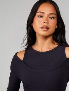MISSGUIDED Women Double Layer Cold Shoulder Long Sleeve Ribbed Top With Contrast Striped Ties - Dark Grey - View 4