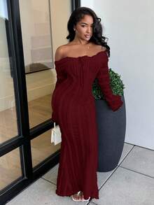 Alexandranx 茶歇装 甜美优雅长裙 露肩长袖连衣裙 约会装 3D花裙 - 酒紅色 - 查看 3