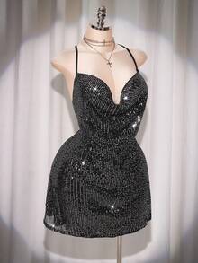 SHEIN ICON 大码女式亮片深V领银色迷你派对连衣裙 - 銀色 - 查看 7