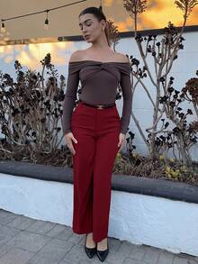 Andrea Bello Quần ống đứng công sở thanh lịch màu trơn cho nữ - Màu Đỏ Sâu - Xem 6