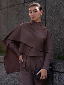 Andrea Bello 秋冬款女士高腰收腰中长款西装外套（披肩袖）2 件套 - 咖啡棕 - 查看 3