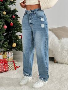 SHEIN PETITE Jeans casuales de pierna ancha con bolsillos y ajuste holgado desgastados para mujer - Lavado ligero - Ver 3