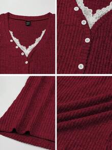 Vibekara 大码女式休闲针织V领蕾丝拼布纽扣装饰长袖秋冬上衣 - 酒紅色 - 查看 9