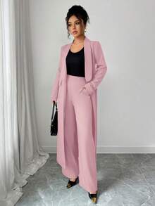 Elenzga 两件套：女士优雅翻领长袖长款外套搭配直筒裤两件套，精致优雅，适合办公室、通勤、街头风、法式浪漫、休闲、中东复古、下午茶、派对、感恩节、返校季、秋冬季等场合。 - 藕粉色 - 查看 4