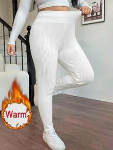 SHEIN EZwear 加大码黑色高腰休闲保暖打底裤，秋冬季 - 白色 - 查看 5