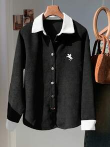 Comfortcana Autumn Casual Color Block Corduroy Embroidered Jacket Preppy Clothes For Women French Style Clothes Button Up Sweater Dark Academia Clothes Ribbed Knit Sweater Preppy Clothes In Women - Burgundy - View 3