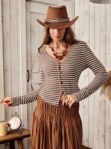 Wildy 女士休闲乡村风条纹长袖上衣，秋冬季日常百搭单品 - 彩色 - 查看 3
