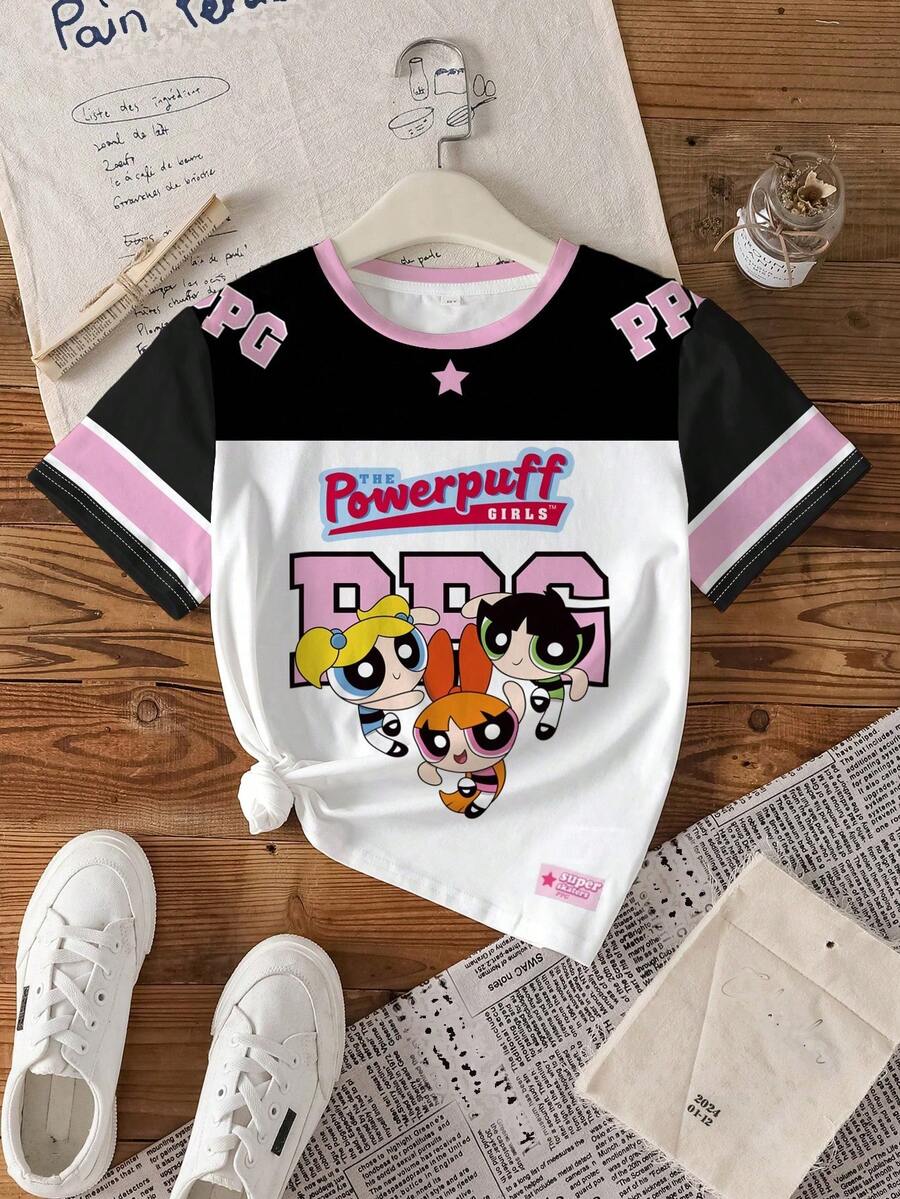 THE POWERPUFF GIRLS X SHEIN Tween Girls' Casual Colorblock Blossom, Bubbles, Buttercup Pattern Round Neck Short Sleeve T-Shirt, Summer Festival Vintage Streetwear Sportswear N Oversized Baseball Jersey T-Shirt,Autumn Clothes - White - View 1