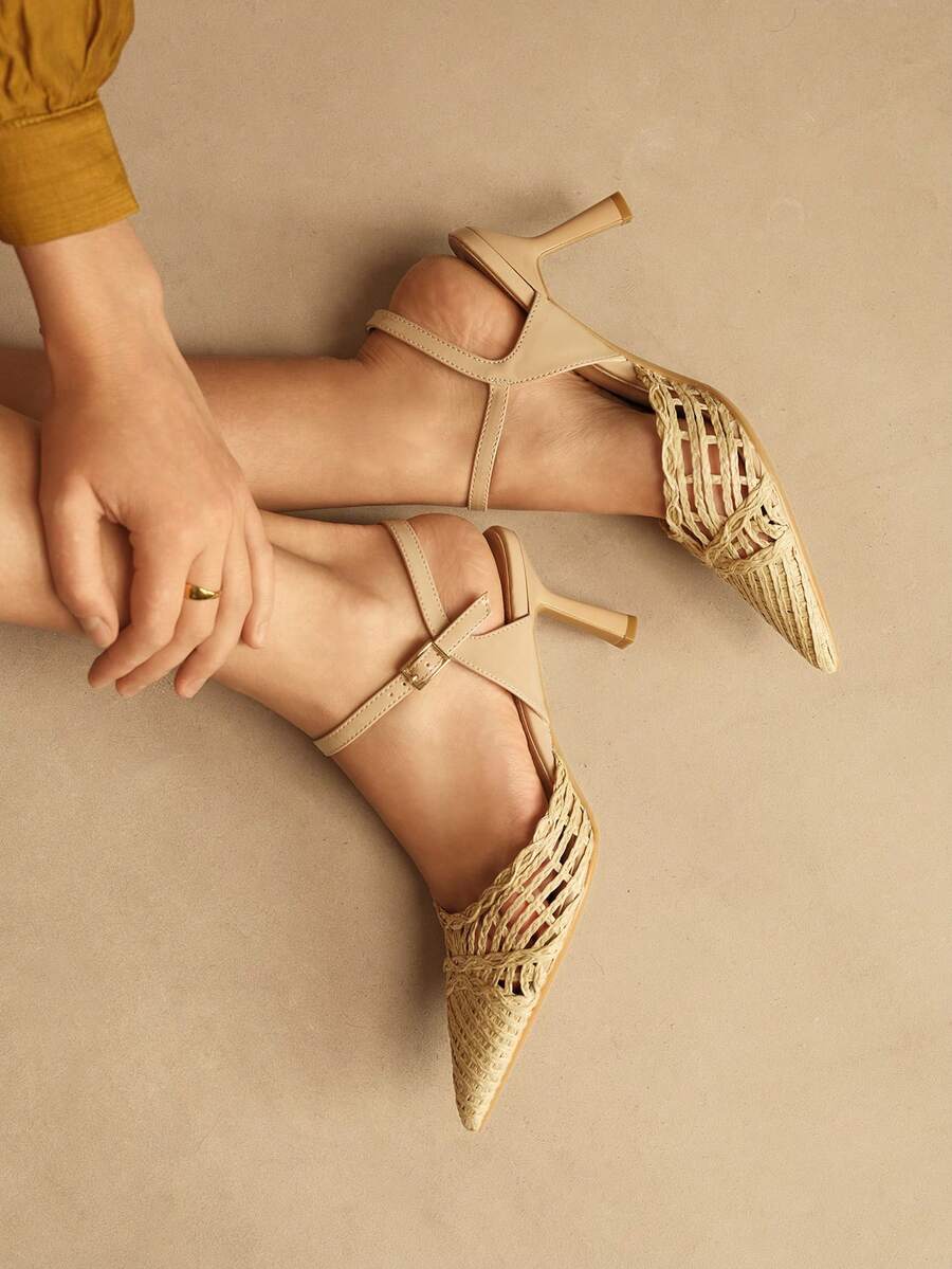 Rosivie Women's Fashionable Elegant Pointed Toe Woven Pumps For Christmas - Apricot - View 1
