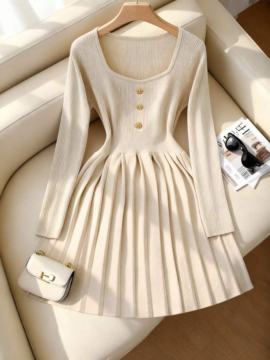 Franclia 大码优雅纯色褶裥针织连衣裙，秋冬款 - 卡其色 - 查看 1