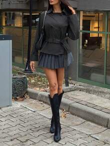 TRNVIE Fitted Short Jacket For Women With Revers Collar, Belt, Slant Pockets, Cropped Design, Suitable For Winter, New Year, Outdoor Use - Grey - View 6