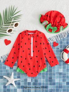 Cozy Pixies 2pcs/Set Traje de baño de una pieza con estampado de fresa, bloques de color, volantes, ajuste ceñido, alta elasticidad y cremallera para niña bebé & Sombrero versátil de protección solar, adecuado para vacaciones en la playa - Rojo - Ver 6