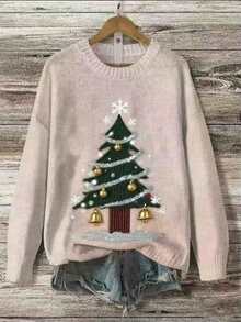 GlowEve Christmas Tree & Bell Pattern Loose Fit Fashionable Versatile Women Sweater - Multicolor - View 1