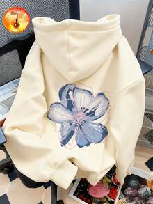 ‌Sudadera con capucha para mujer nueva de otoño invierno abrigada holgada y versátil con estampado de flores ideal para vacaciones paseos y viajes - Albaricoque - Ver 1