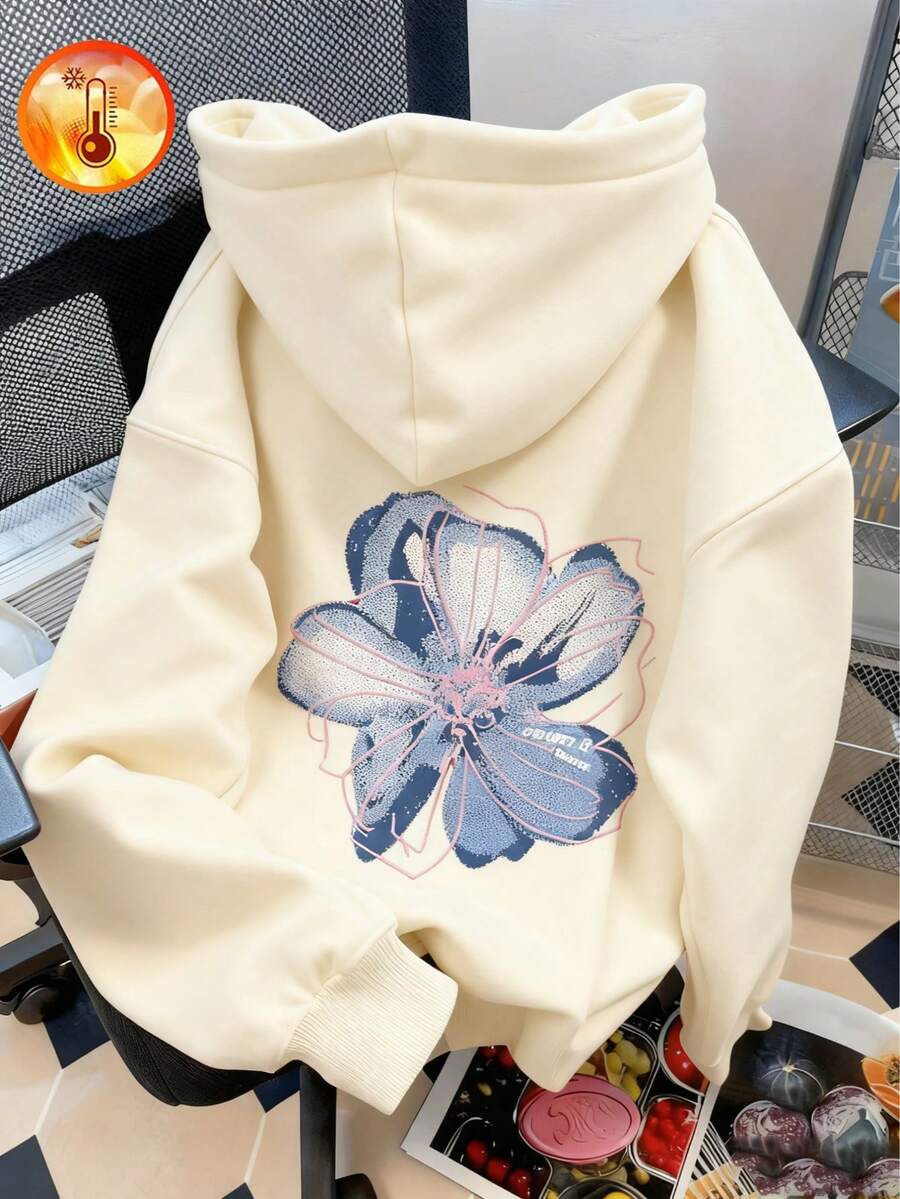 Sudadera con capucha para mujer nueva de otoño invierno abrigada holgada y versátil con estampado de flores ideal para vacaciones paseos y viajes - Albaricoque - Ver 1