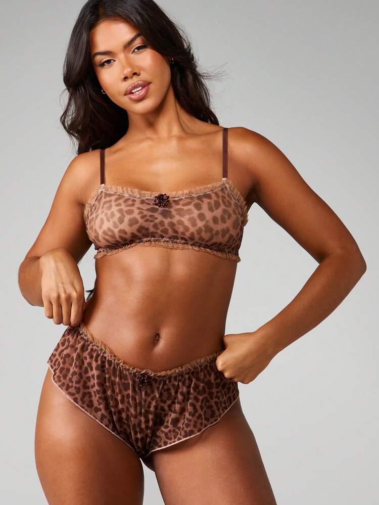 MISSGUIDED Leopard Print Mesh Bandeau Bralette And High Waisted Cheeky Panty Lingerie Set With Ruffle Trim