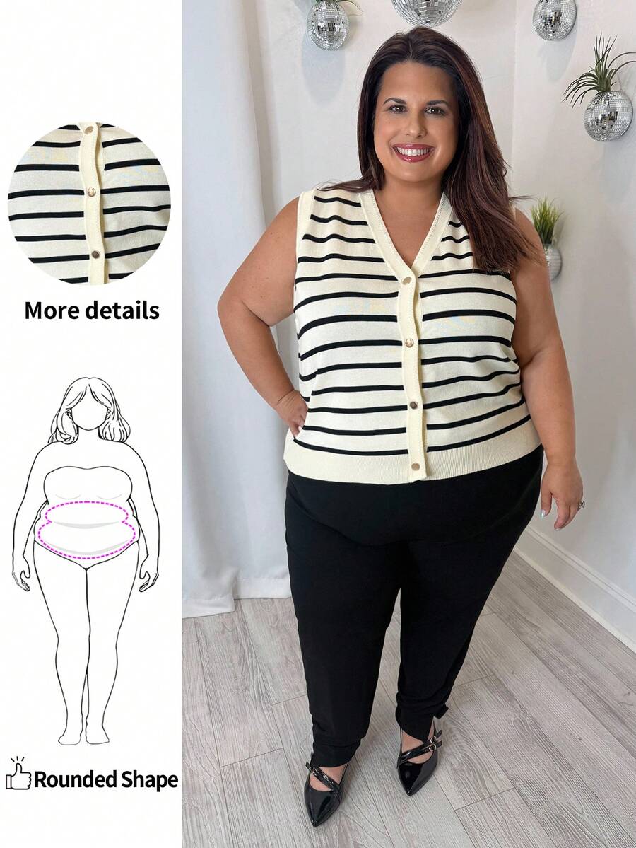 Enliva 大码条纹针织毛衣背心，夏季时尚 - 杏色 - 查看 1