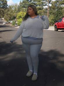 Enliva Plus Size Casual Polo Collar Striped Long Sleeve Pullover Sweater In Fall/Winter,Slightly Sheer, For Apple Rounded Body Shape - Dusty Blue - View 3