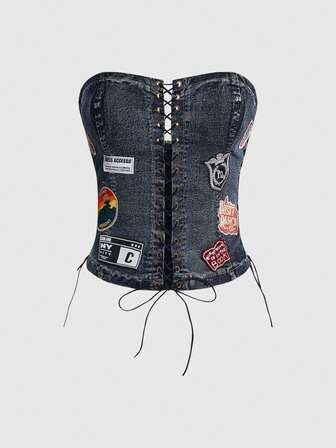 Sexy Punk Rock Graphic Bandeau Crop Top, Women Denim Shirt