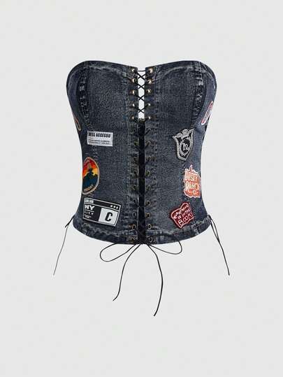 Sexy Punk Rock Graphic Bandeau Crop Top, Women Denim Shirt