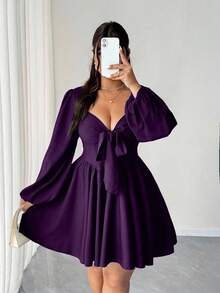 Elenzga 大码女士性感前系带露背镂空黑色迷你连衣裙，秋季 - 紫色 - 查看 3