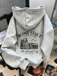 Sudadera con capucha nueva de otoño/invierno, abrigo holgado y versátil con estampado de Roma, ideal para vacaciones y viajes. - Gris - Ver 1