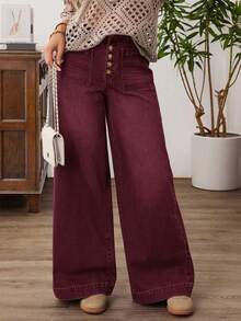 EMERY ROSE Plus Size Women Casual Versatile Wide Leg Button Pocket Jeans - Burgundy - View 1