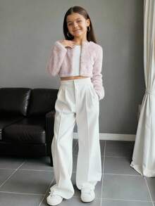 SHEIN 少女简约仿皮草粉色外套，适合派对和户外活动，秋冬季穿着 - 粉色 - 查看 4