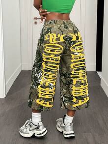 BamGleam 休闲迷彩字母印花阔腿女式牛仔裤 - 彩色 - 查看 8